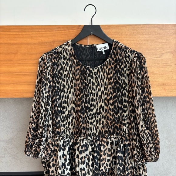 GANNI Pleated Leopard Print Georgette Mini Dress, Size M - Picture 7 of 16